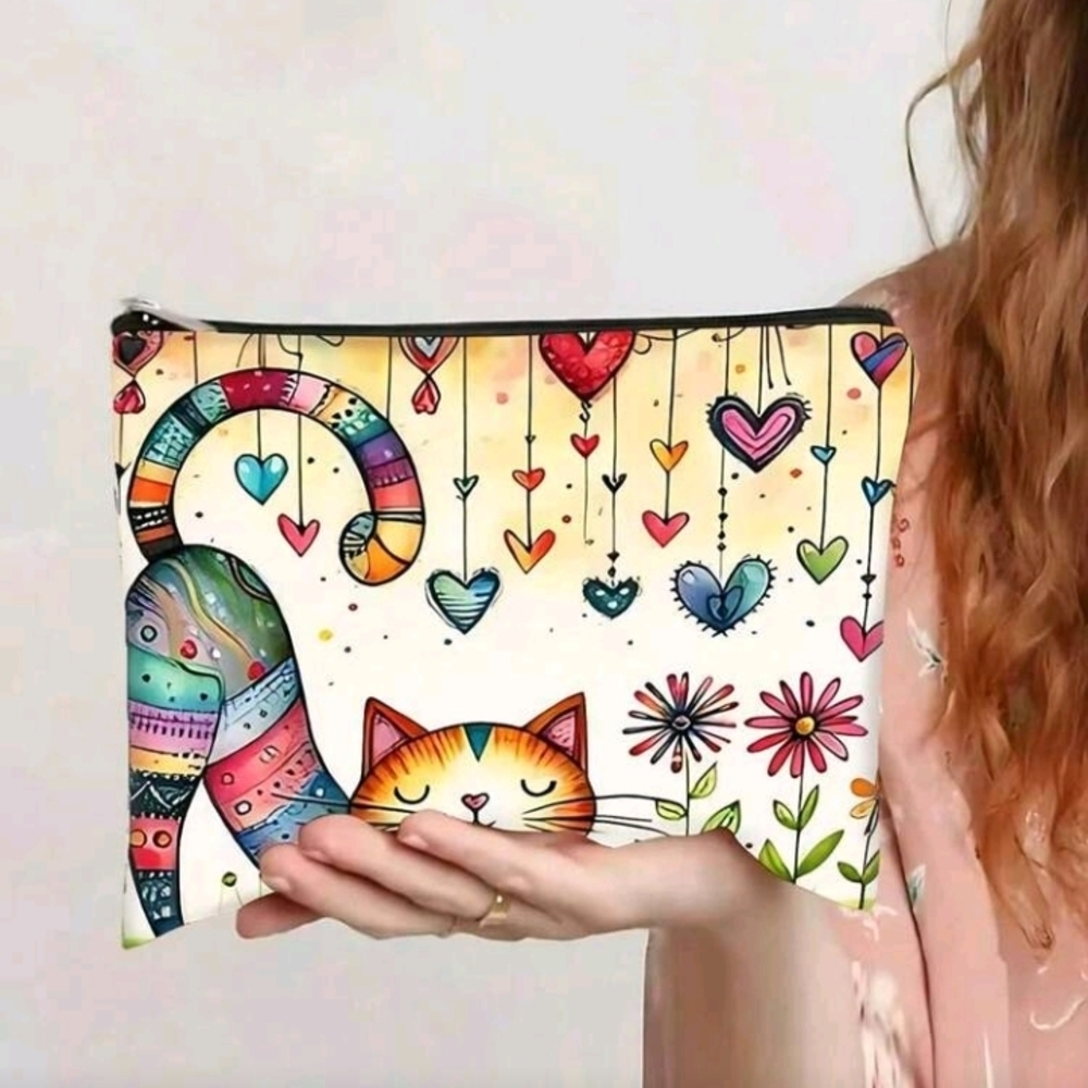 Boho Colorful Cat And Hearts Print Zipper Pouch Purse